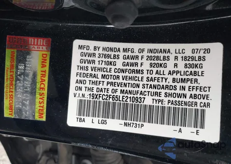 2020 Honda Civic Lx из США, поврежденный, VIN 19XFC2F65LE210937